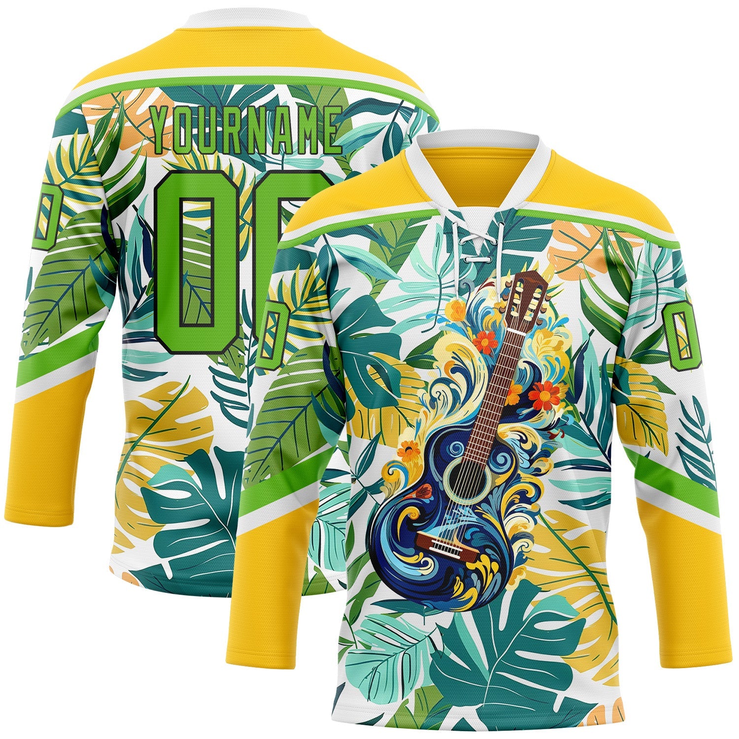 Custom Yellow Aurora Green Black-White Hawaii Tropical Palm Trees Hockey Lace Neck Jersey - Main View