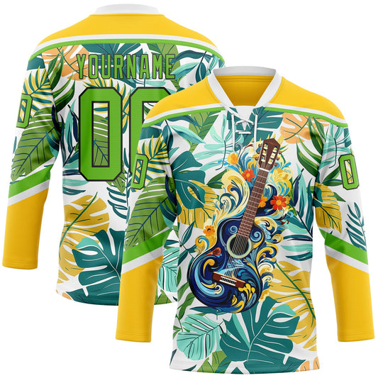 Custom Yellow Aurora Green Black-White Hawaii Tropical Palm Trees Hockey Lace Neck Jersey - Main View