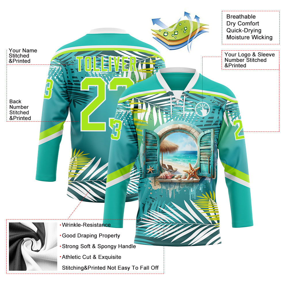 Custom Aqua Neon Green-White Hawaii Tropical Palm Trees Hockey Lace Neck Jersey view 4