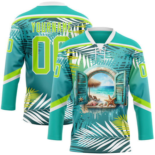 Custom Aqua Neon Green-White Hawaii Tropical Palm Trees Hockey Lace Neck Jersey - Main View