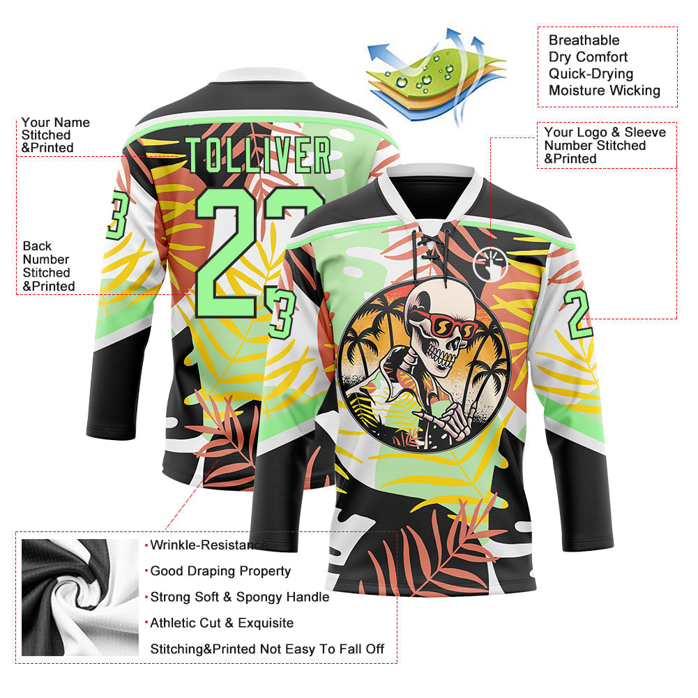 Custom Black Pea Green-White Hawaii Tropical Palm Trees Hockey Lace Neck Jersey view 4