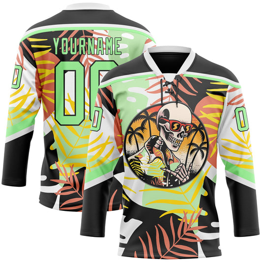 Custom Black Pea Green-White Hawaii Tropical Palm Trees Hockey Lace Neck Jersey - Main View