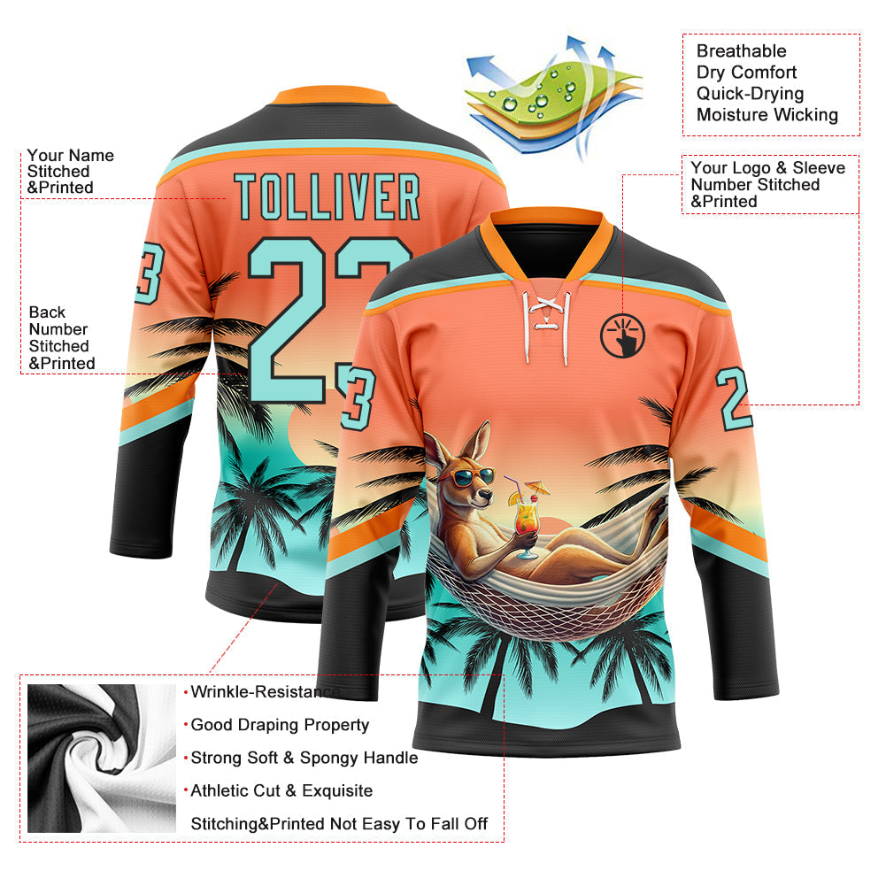 Custom Black Ice Blue-Orange Gradient Hawaii Tropical Palm Trees Hockey Lace Neck Jersey view 4