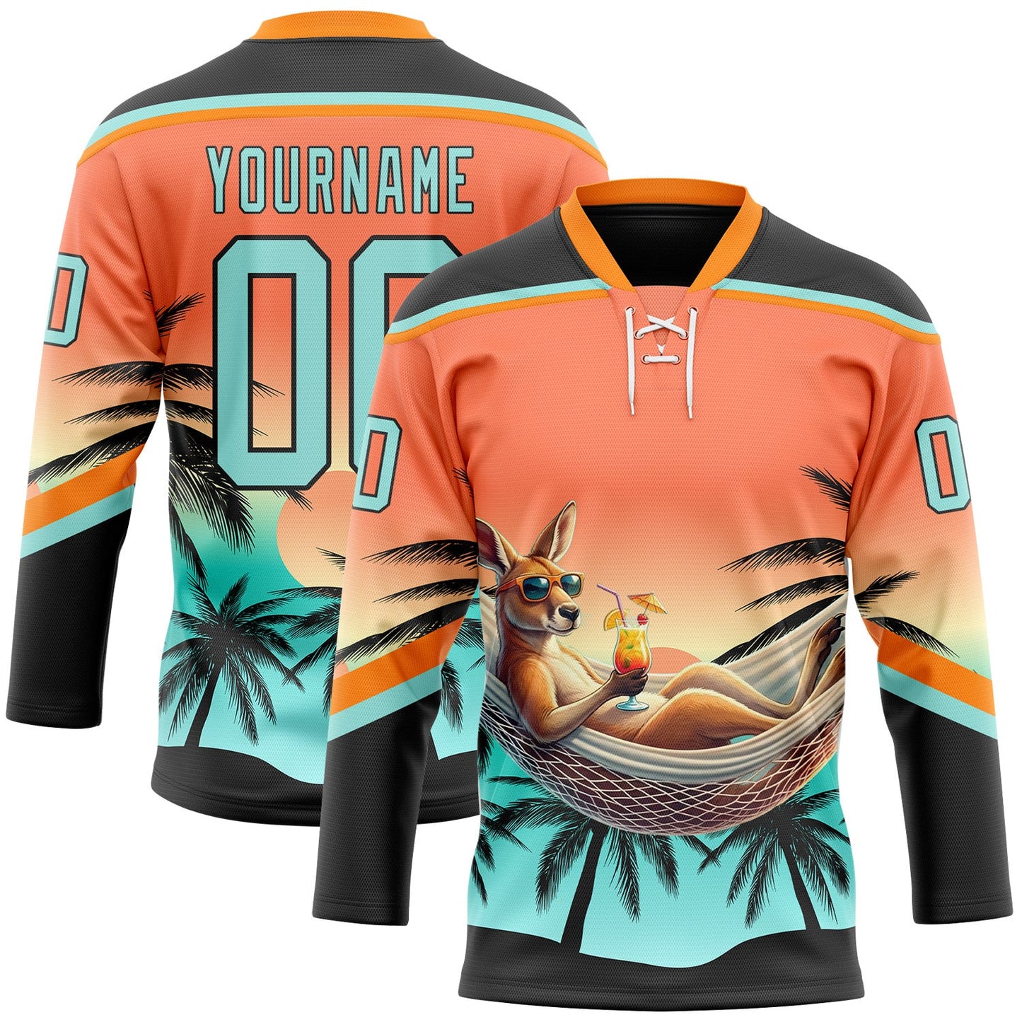 Custom Black Ice Blue-Orange Gradient Hawaii Tropical Palm Trees Hockey Lace Neck Jersey - Main View