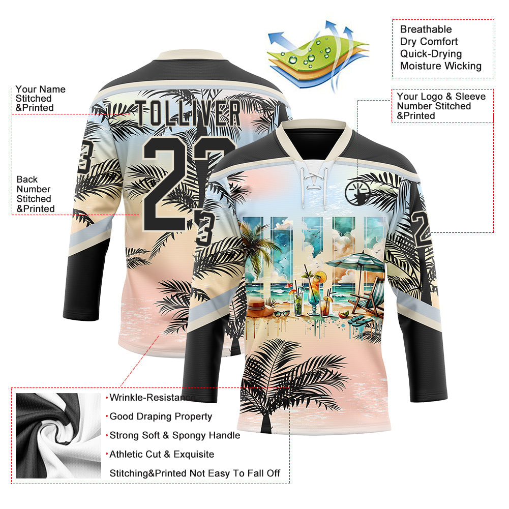Custom Black Pink Cream-Silver Gradient Hawaii Tropical Palm Trees Hockey Lace Neck Jersey view 4
