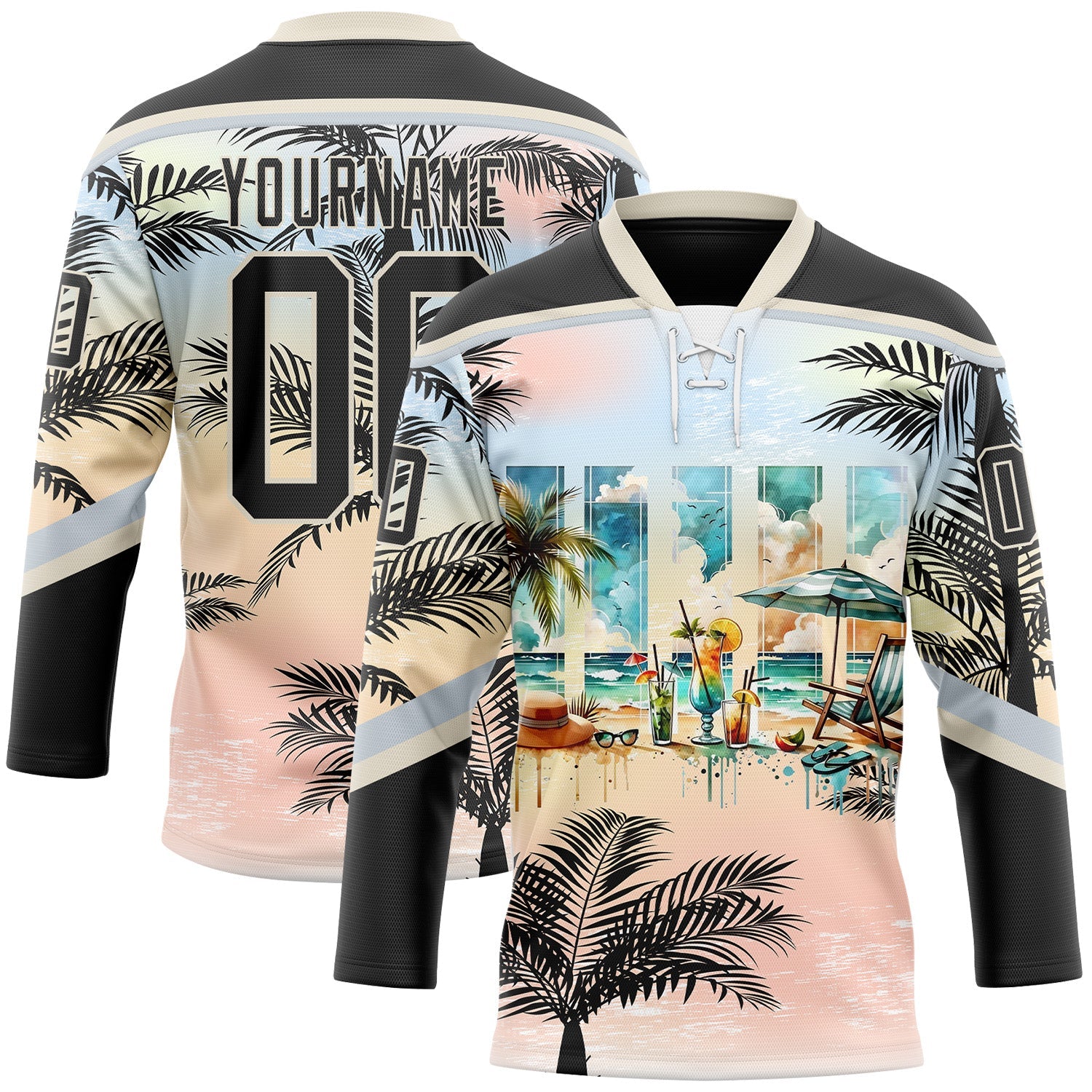 Custom Black Pink Cream-Silver Gradient Hawaii Tropical Palm Trees Hockey Lace Neck Jersey - Main View