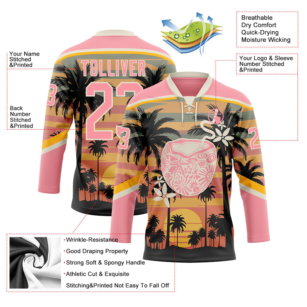 Custom Medium Pink Cream Yellow-Black Gradient Hawaii Tropical Palm Trees Hockey Lace Neck Jersey view 4
