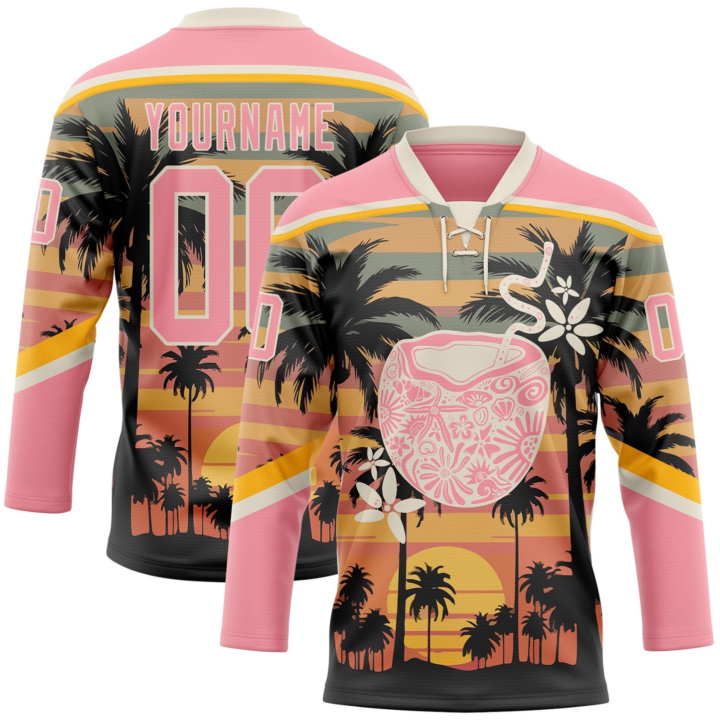 Custom Medium Pink Cream Yellow-Black Gradient Hawaii Tropical Palm Trees Hockey Lace Neck Jersey - Main View