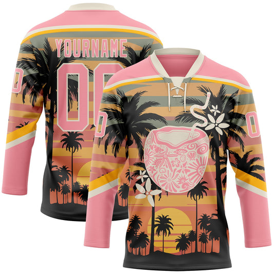 Custom Medium Pink Cream Yellow-Black Gradient Hawaii Tropical Palm Trees Hockey Lace Neck Jersey - Main View