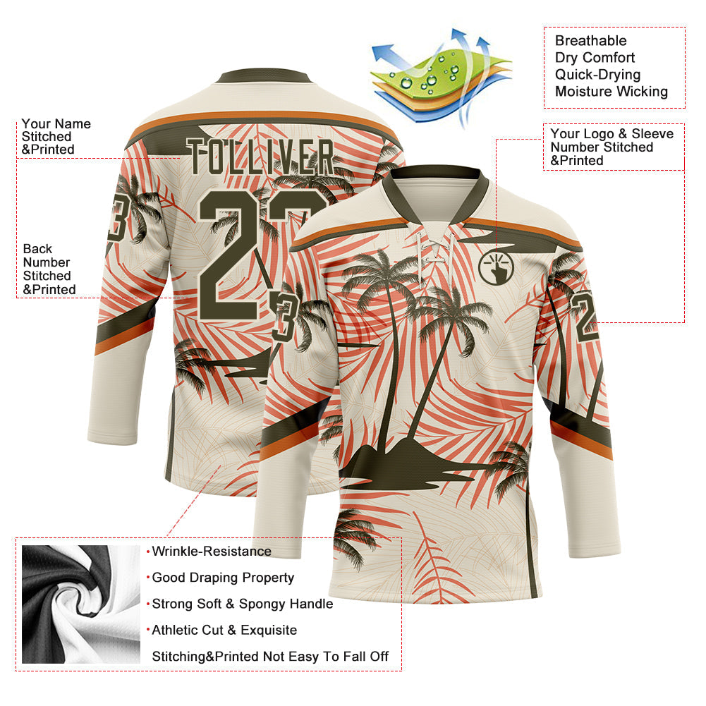 Custom Cream Olive-Texas Orange Hawaii Tropical Palm Trees Hockey Lace Neck Jersey view 4