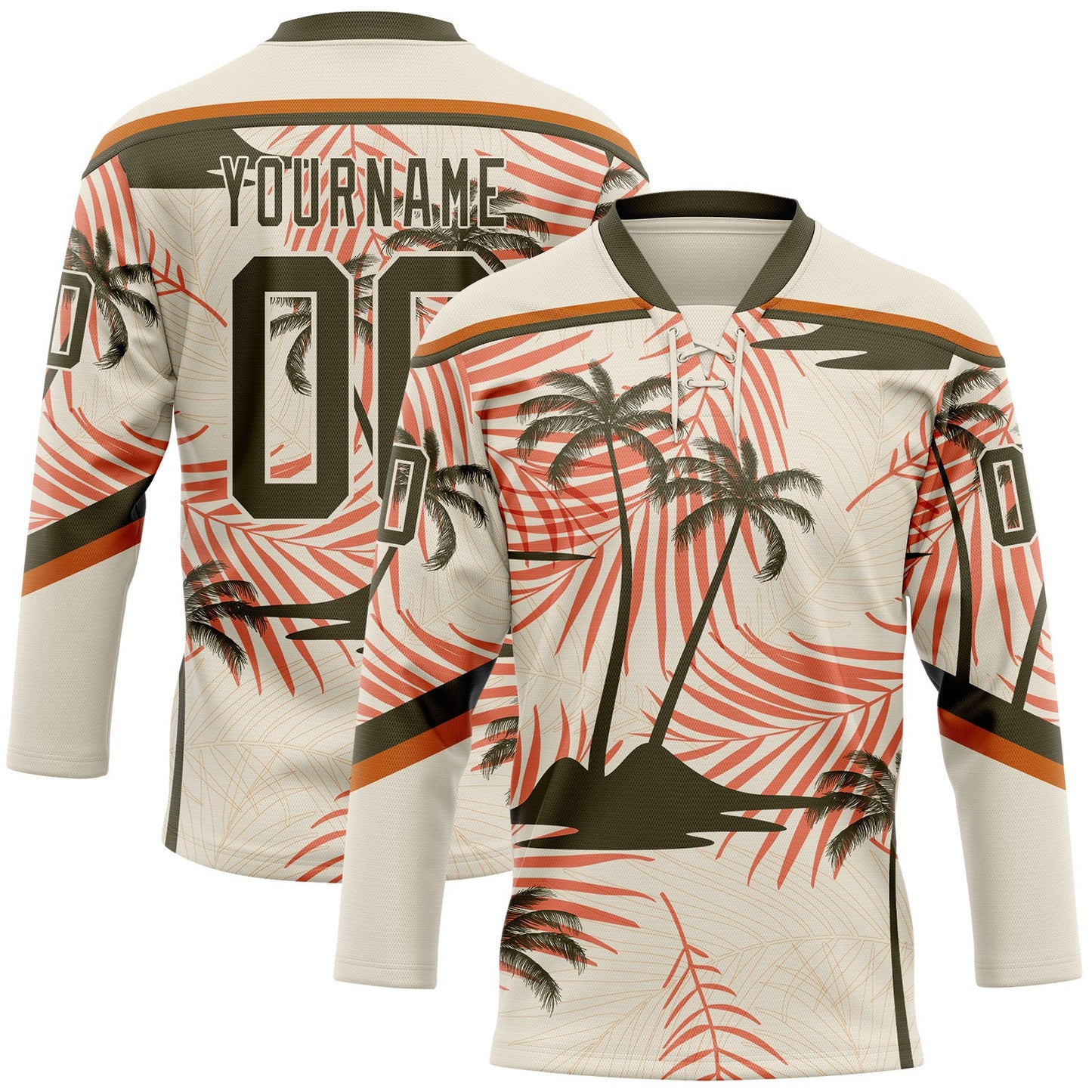 Custom Cream Olive-Texas Orange Hawaii Tropical Palm Trees Hockey Lace Neck Jersey - Main View