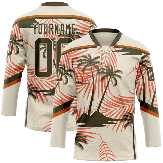 Custom Cream Olive-Texas Orange Hawaii Tropical Palm Trees Hockey Lace Neck Jersey - Main View