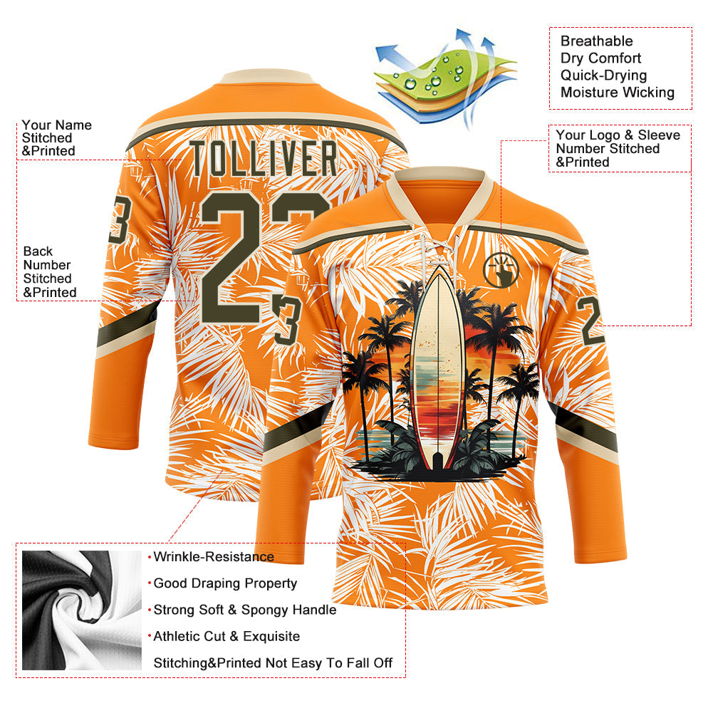 Custom Bay Orange Olive-Cream Hawaii Tropical Palm Trees Hockey Lace Neck Jersey view 4