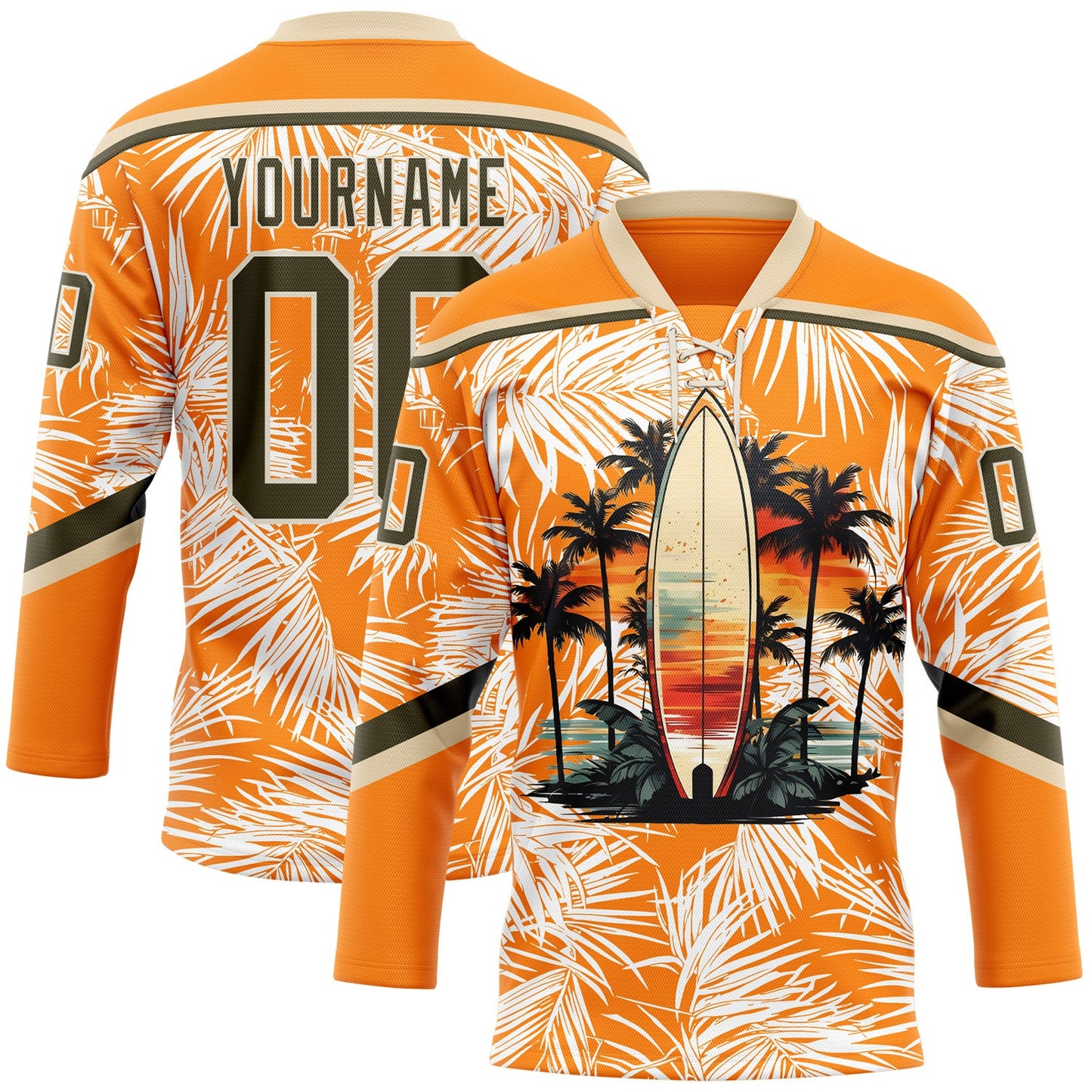 Custom Bay Orange Olive-Cream Hawaii Tropical Palm Trees Hockey Lace Neck Jersey - Main View