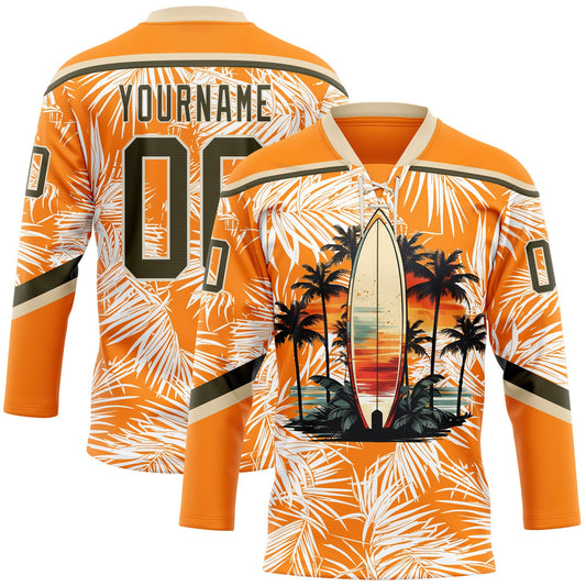 Custom Bay Orange Olive-Cream Hawaii Tropical Palm Trees Hockey Lace Neck Jersey - Main View