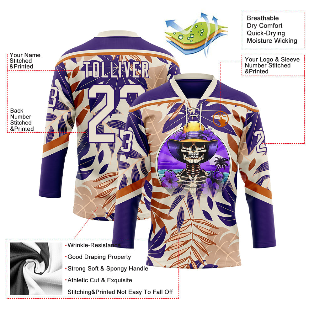 Custom Purple Cream-Texas Orange Hawaii Tropical Palm Trees Hockey Lace Neck Jersey view 4
