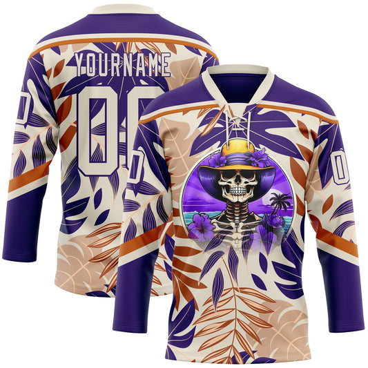 Custom Purple Cream-Texas Orange Hawaii Tropical Palm Trees Hockey Lace Neck Jersey - Main View