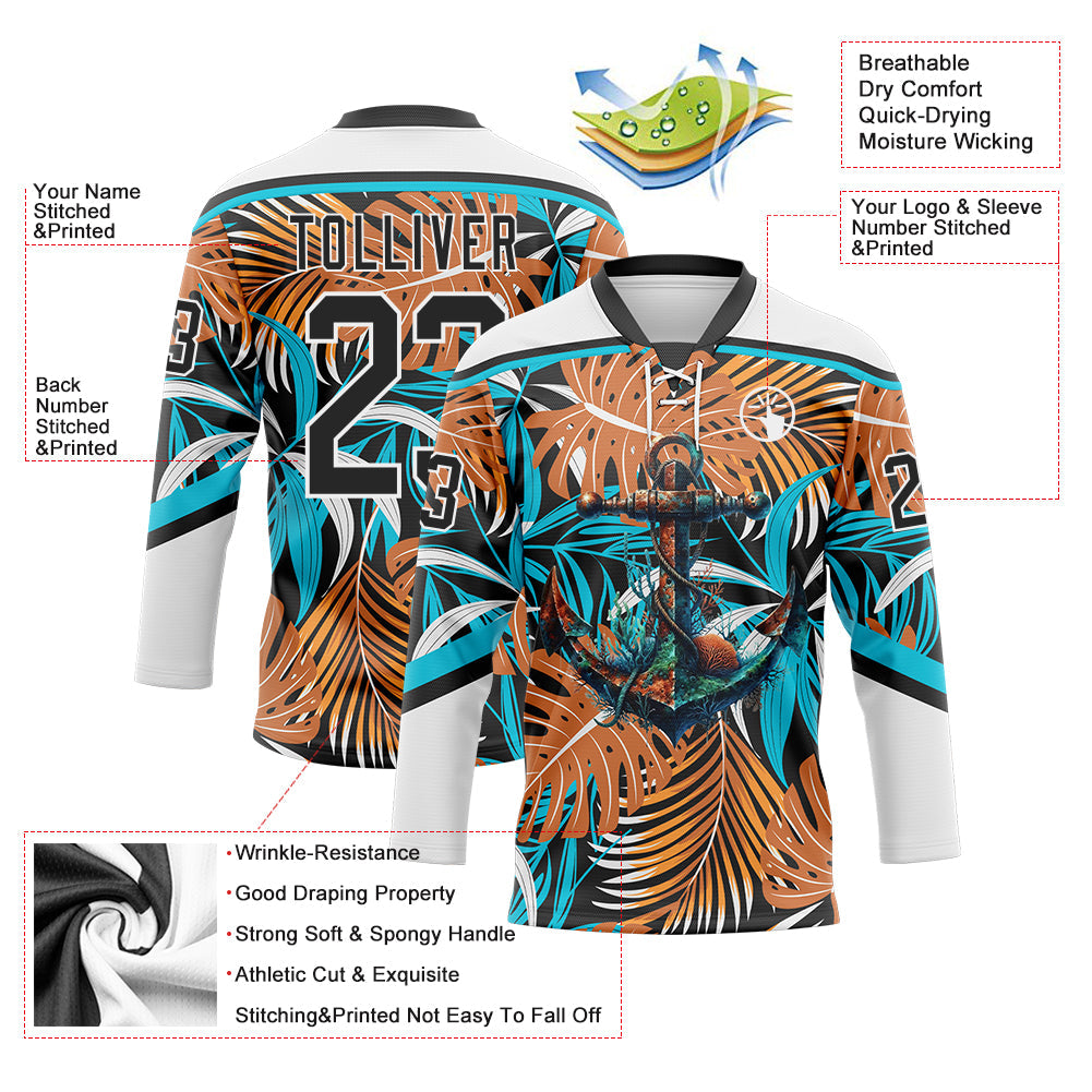 Custom White Black-Lakes Blue Hawaii Tropical Palm Trees Hockey Lace Neck Jersey view 4