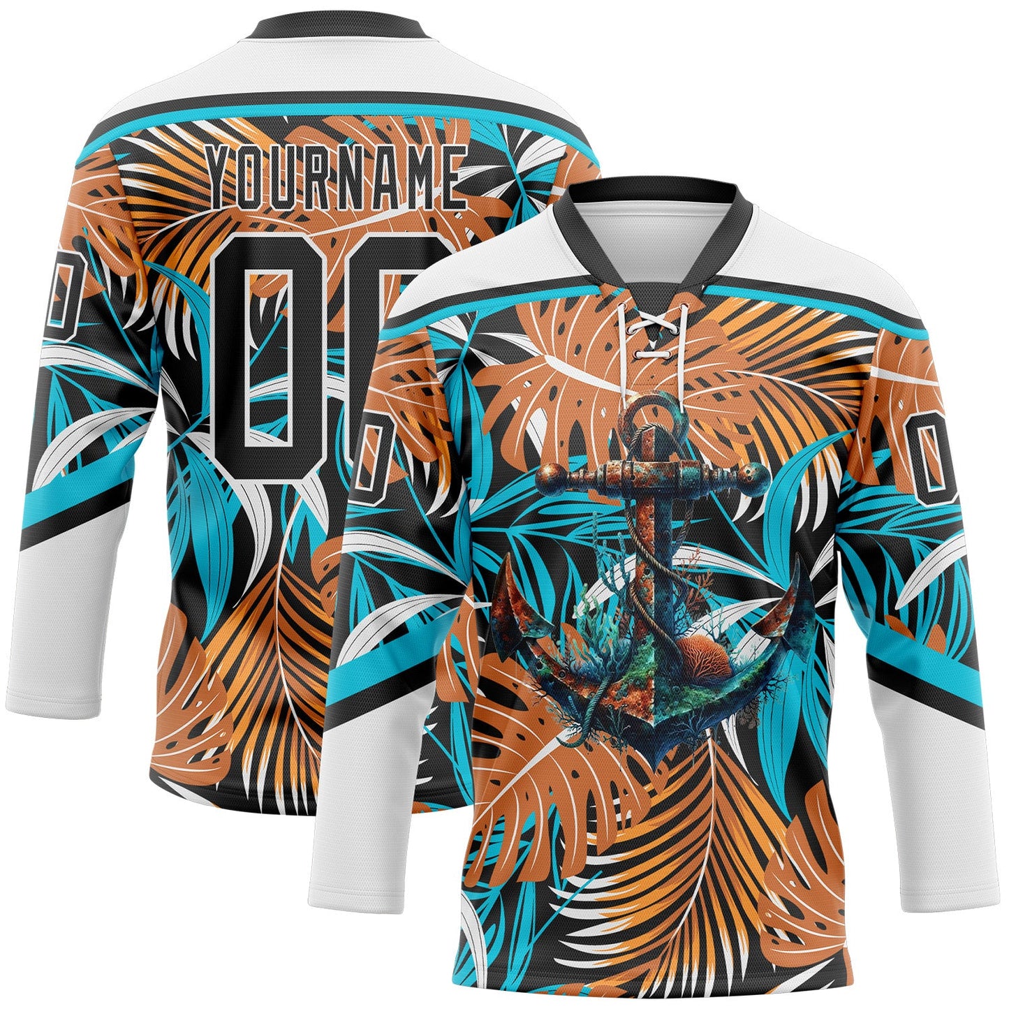 Custom White Black-Lakes Blue Hawaii Tropical Palm Trees Hockey Lace Neck Jersey - Main View