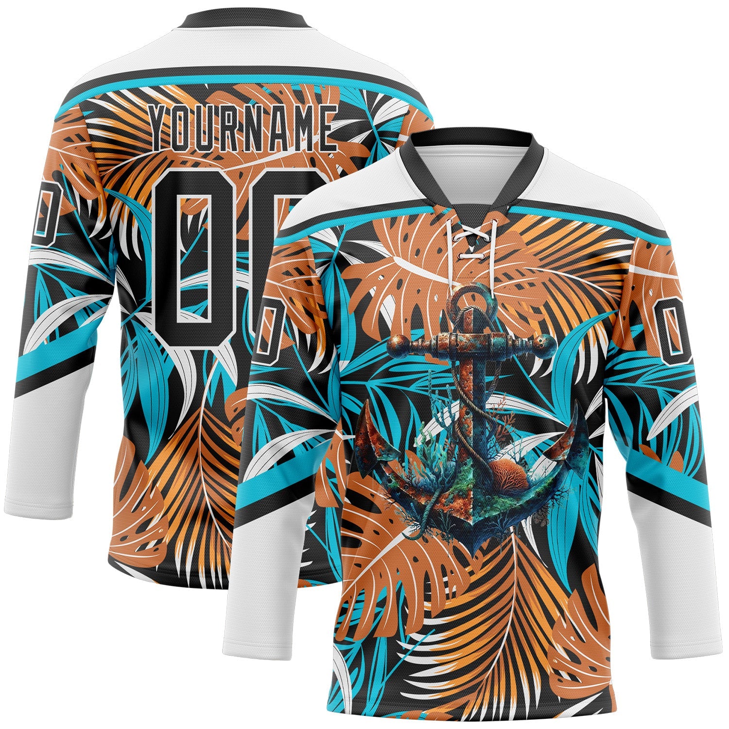 Custom White Black-Lakes Blue Hawaii Tropical Palm Trees Hockey Lace Neck Jersey - Main View