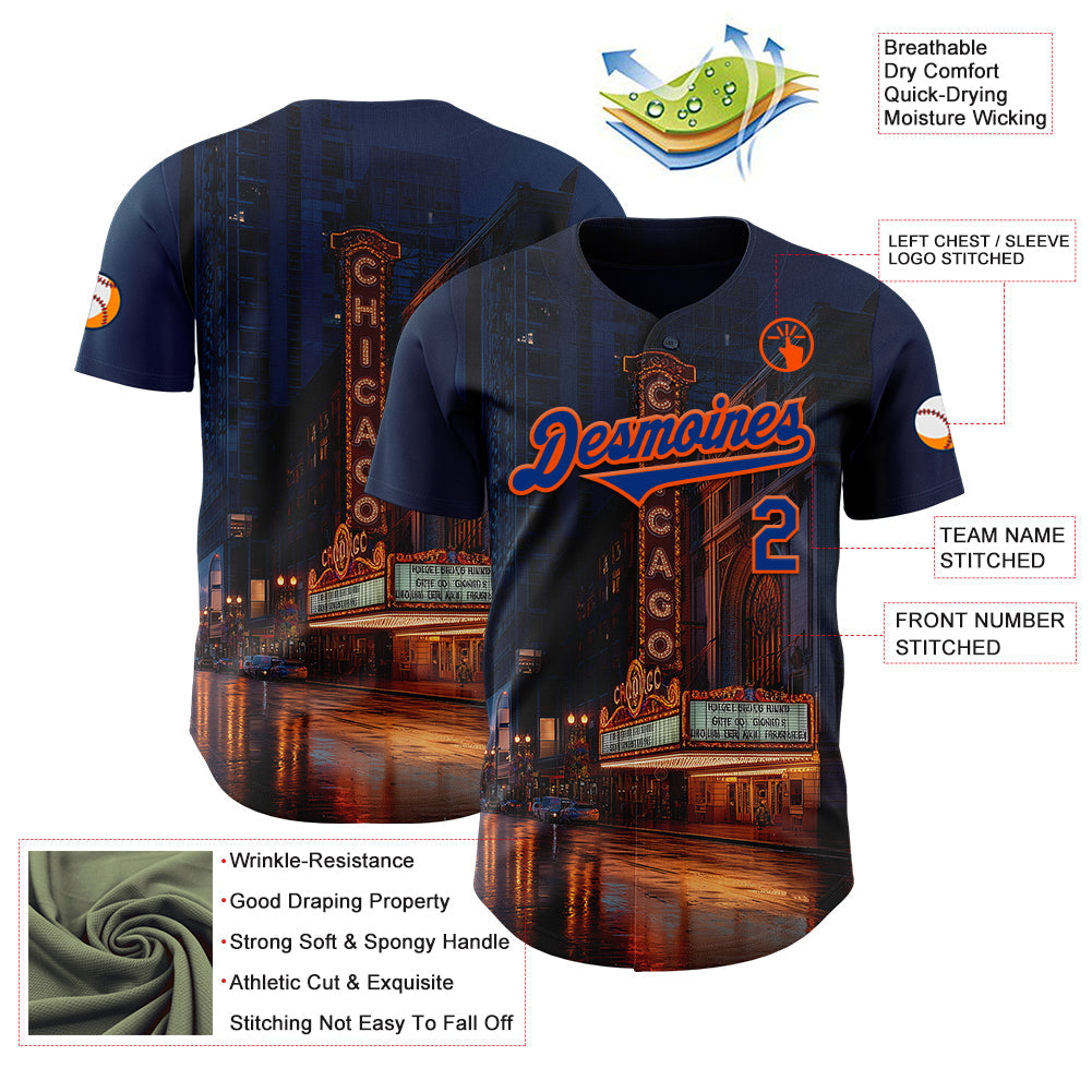 Custom Blue Royal-Orange Chicago Illinois The Theatre Landmark City Symbol Authentic Baseball Jersey view 3