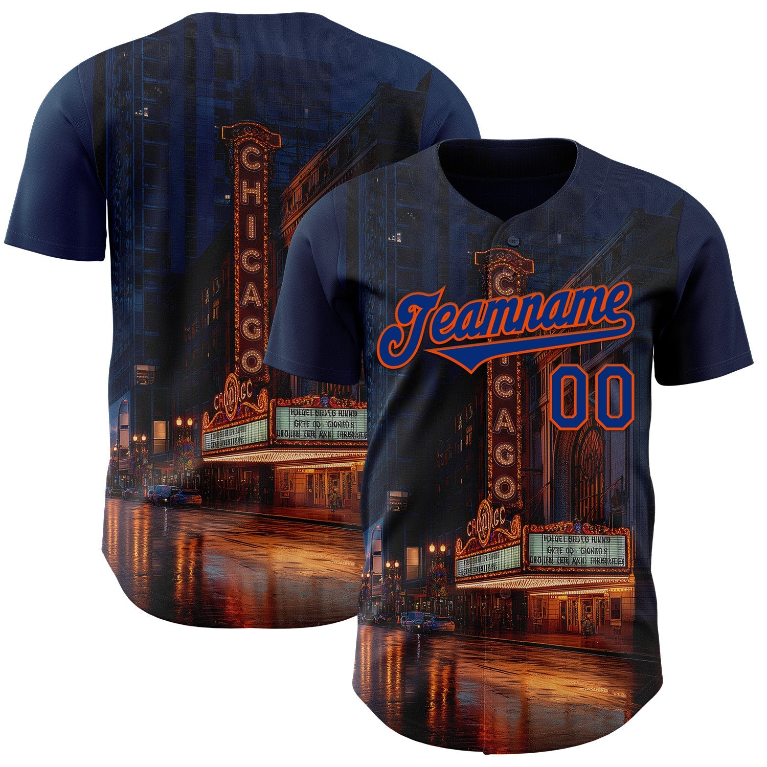 Custom Blue Royal-Orange Chicago Illinois The Theatre Landmark City Symbol Authentic Baseball Jersey - Main View