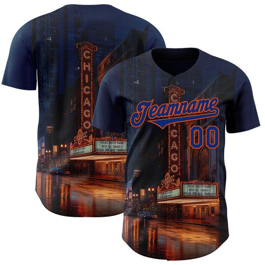 Custom Blue Royal-Orange Chicago Illinois The Theatre Landmark City Symbol Authentic Baseball Jersey - Main View