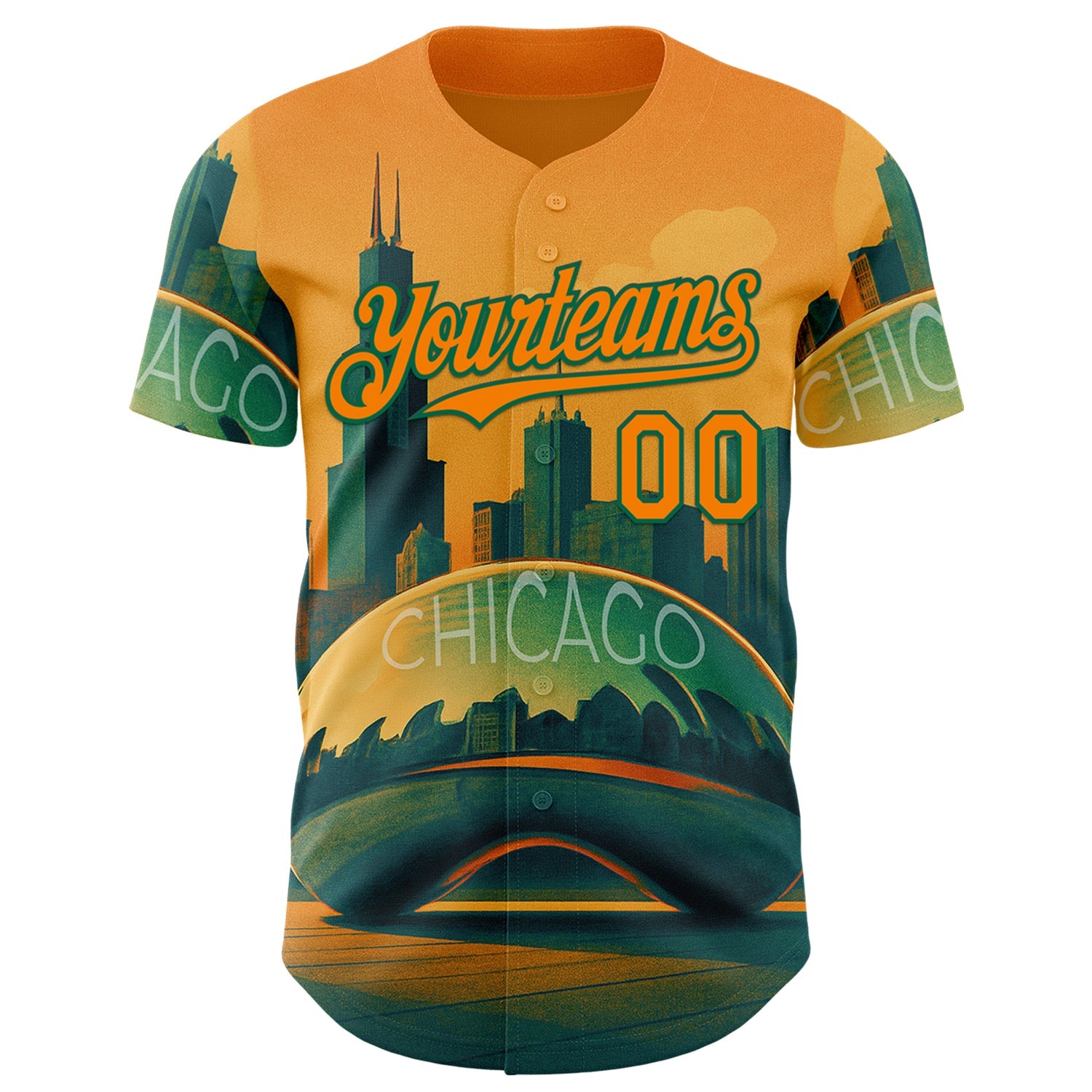 Custom Yellow Bay Orange-Kelly Green Chicago Illinois Millennium Park Cloud Gate The Bean Landmark City Symbol Authentic Baseball Jersey view 2