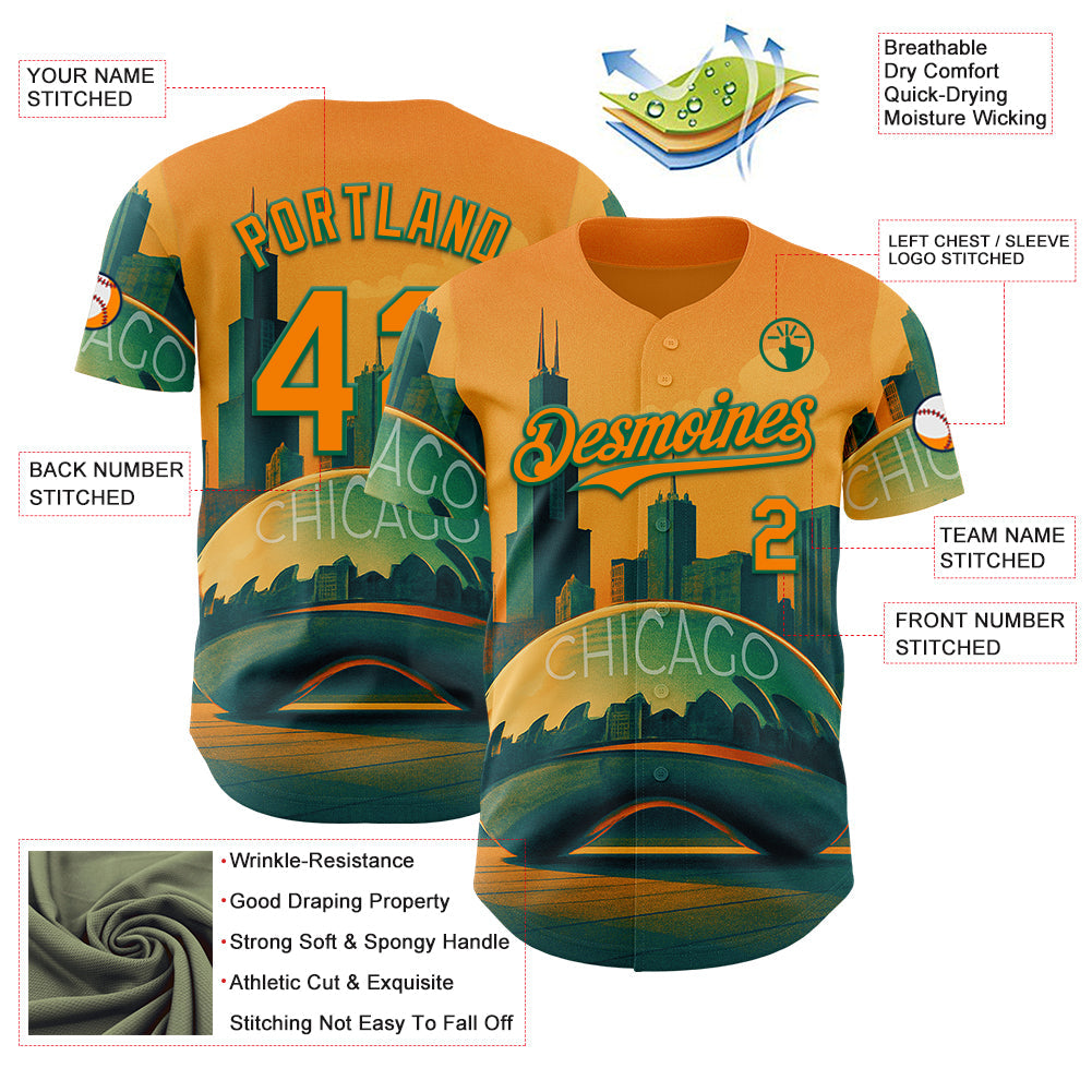 Custom Yellow Bay Orange-Kelly Green Chicago Illinois Millennium Park Cloud Gate The Bean Landmark City Symbol Authentic Baseball Jersey view 3