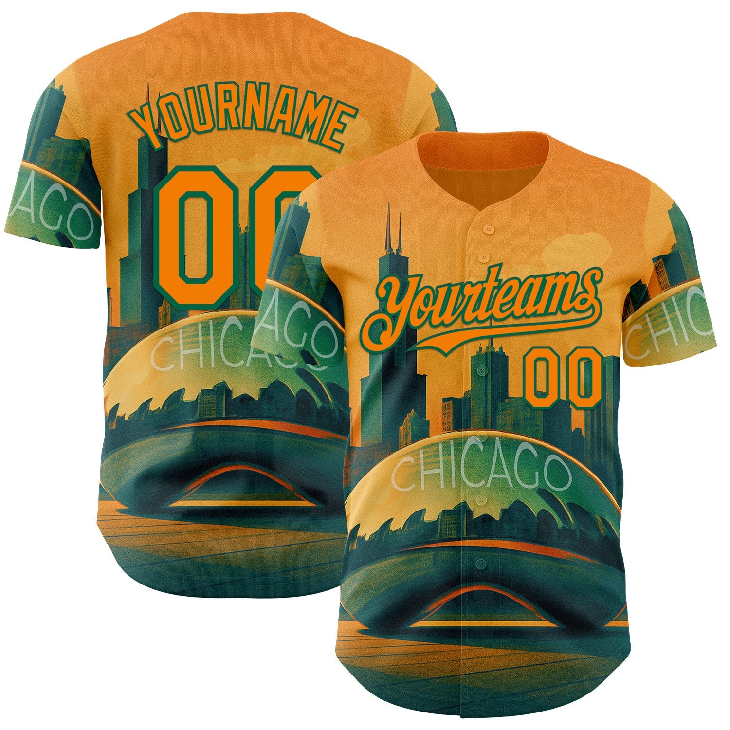 Custom Yellow Bay Orange-Kelly Green Chicago Illinois Millennium Park Cloud Gate The Bean Landmark City Symbol Authentic Baseball Jersey - Main View