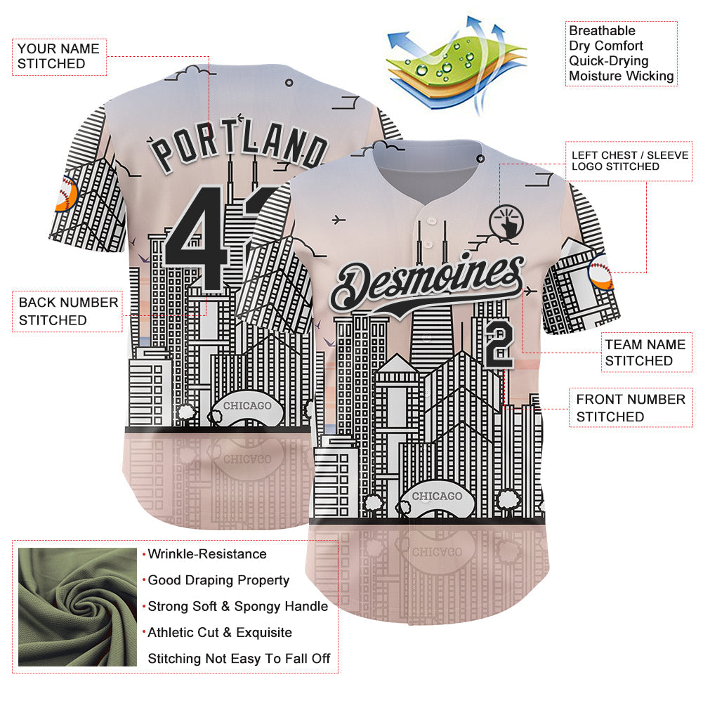 Custom Pink Black-White Chicago Illinois Cityscape Landmark City Symbol Authentic Baseball Jersey view 3