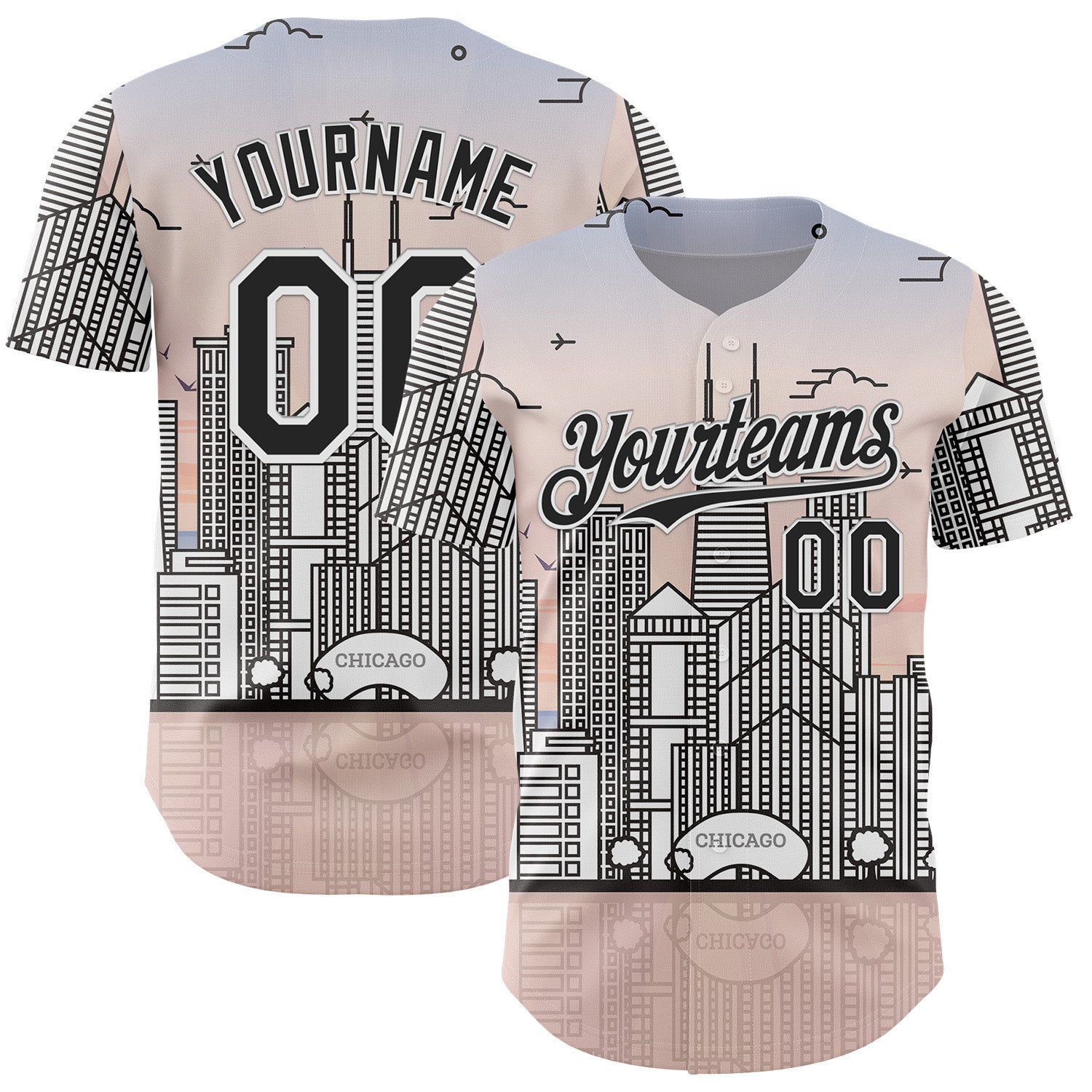 Custom Pink Black-White Chicago Illinois Cityscape Landmark City Symbol Authentic Baseball Jersey - Main View