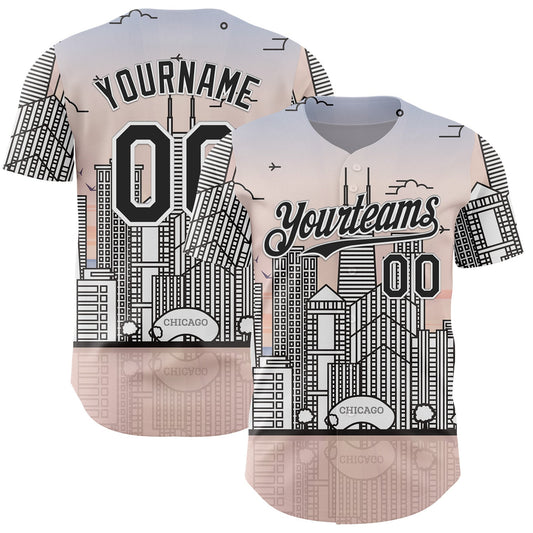 Custom Pink Black-White Chicago Illinois Cityscape Landmark City Symbol Authentic Baseball Jersey - Main View