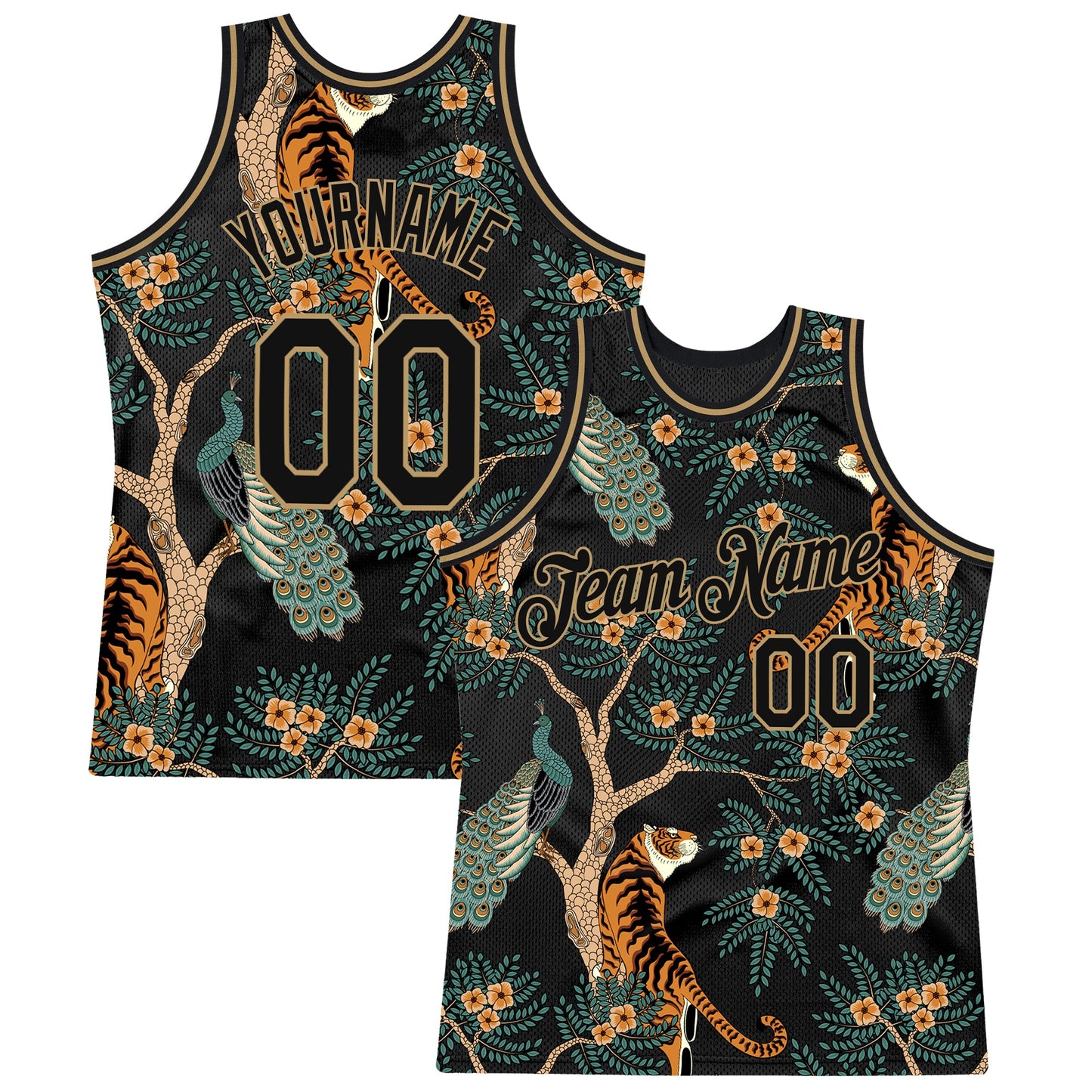 Custom Black Black-Old Gold 3D Pattern Design Tiger And Peacock Authentic Basketball Jersey - Main View