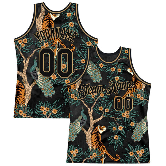 Custom Black Black-Old Gold 3D Pattern Design Tiger And Peacock Authentic Basketball Jersey - Main View