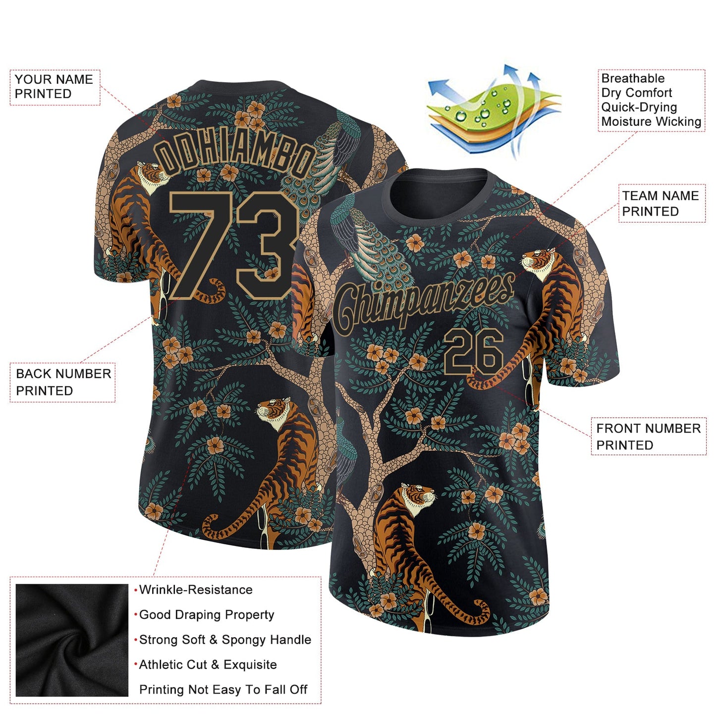 Custom Black Black-Old Gold 3D Pattern Design Tiger And Peacock Performance T-Shirt view 2