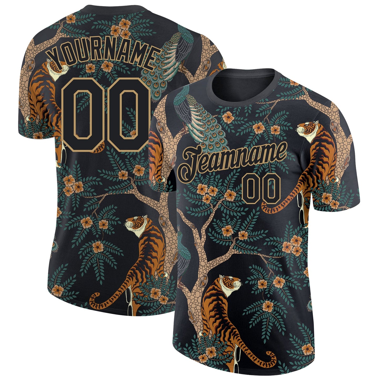 Custom Black Black-Old Gold 3D Pattern Design Tiger And Peacock Performance T-Shirt - Main View