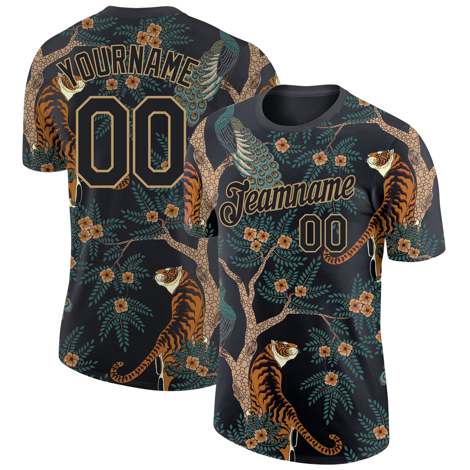 Custom Black Black-Old Gold 3D Pattern Design Tiger And Peacock Performance T-Shirt - Main View
