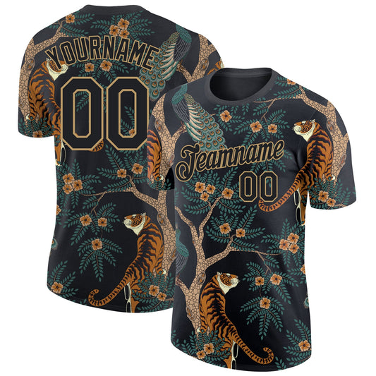 Custom Black Black-Old Gold 3D Pattern Design Tiger And Peacock Performance T-Shirt - Main View