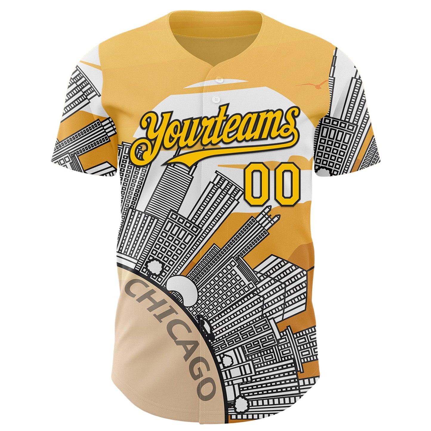 Custom Yellow Black-White Chicago Illinois Cityscape Landmark City Symbol Authentic Baseball Jersey view 2