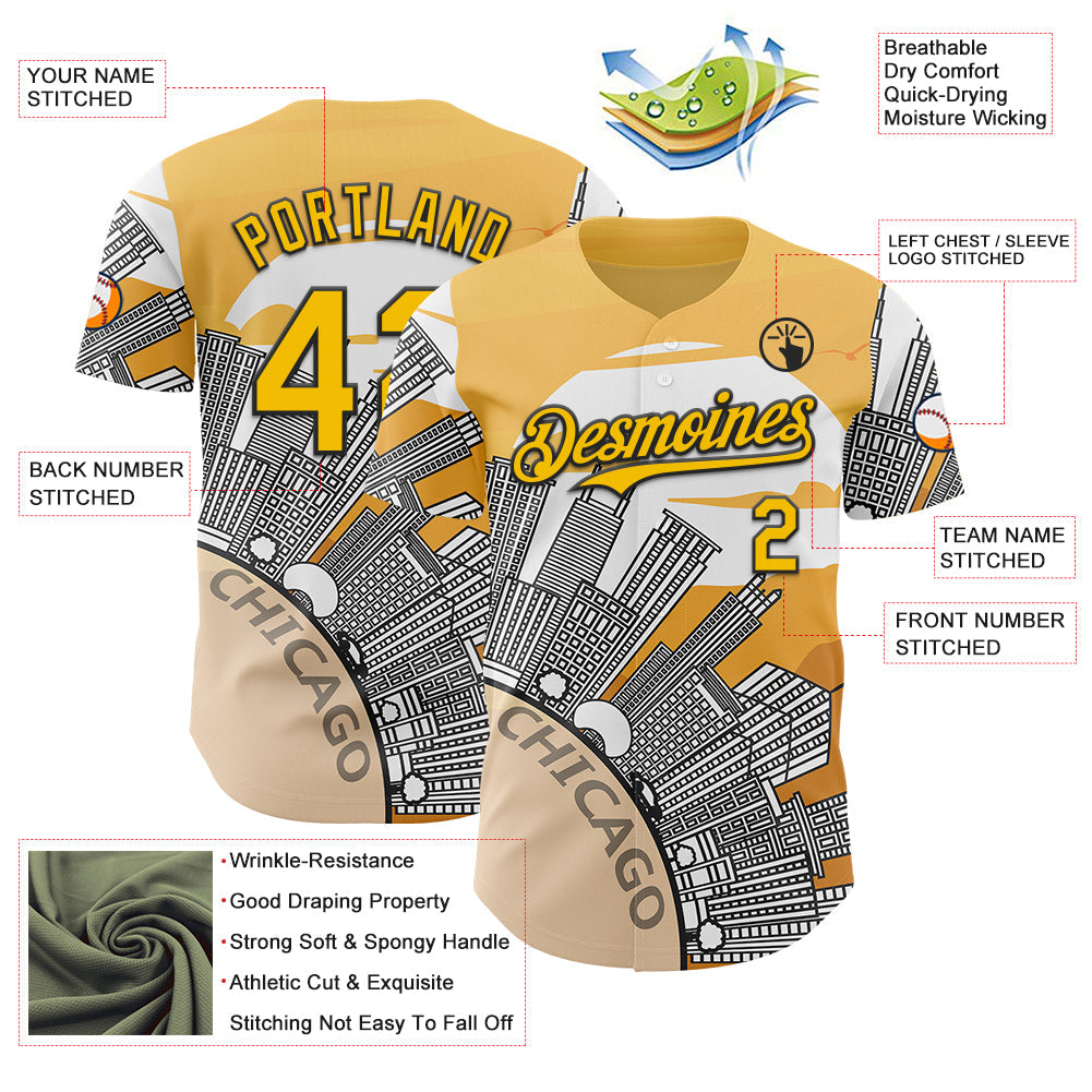 Custom Yellow Black-White Chicago Illinois Cityscape Landmark City Symbol Authentic Baseball Jersey view 3