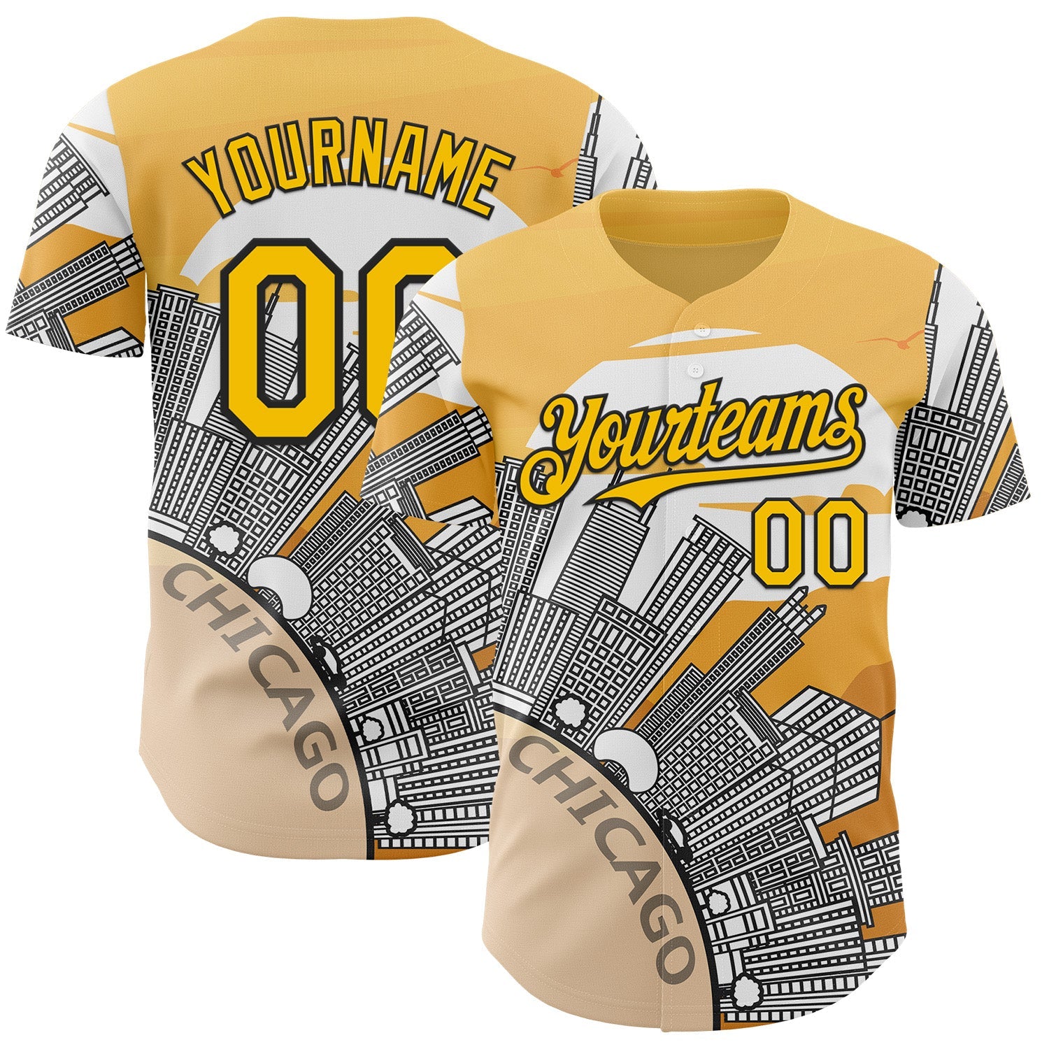 Custom Yellow Black-White Chicago Illinois Cityscape Landmark City Symbol Authentic Baseball Jersey - Main View