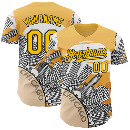 Custom Yellow Black-White Chicago Illinois Cityscape Landmark City Symbol Authentic Baseball Jersey - Main View