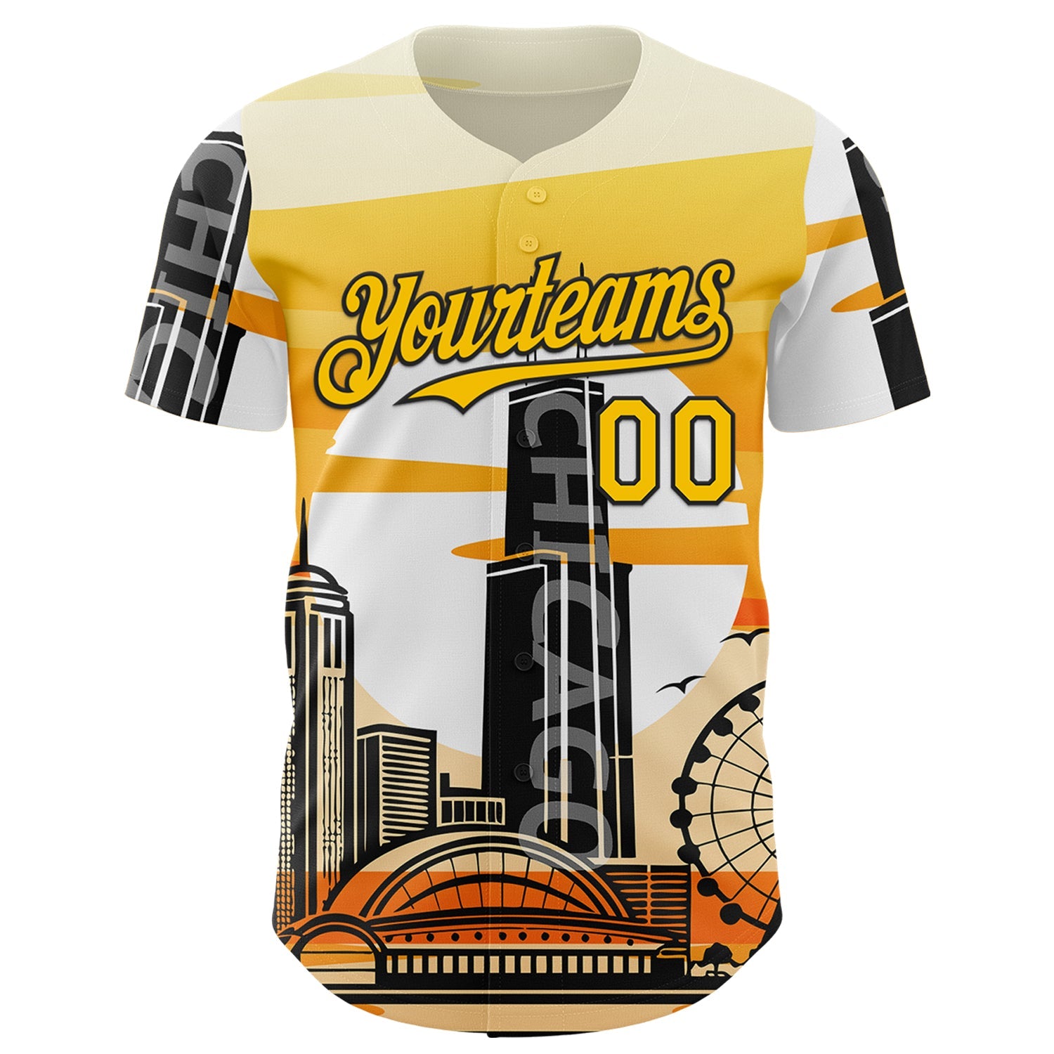 Custom Yellow Black-White Chicago Illinois Cityscape Landmark City Symbol Authentic Baseball Jersey view 2