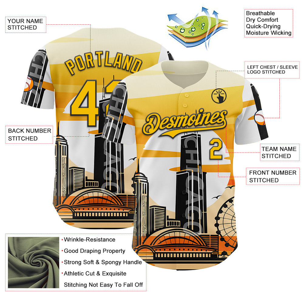 Custom Yellow Black-White Chicago Illinois Cityscape Landmark City Symbol Authentic Baseball Jersey view 3