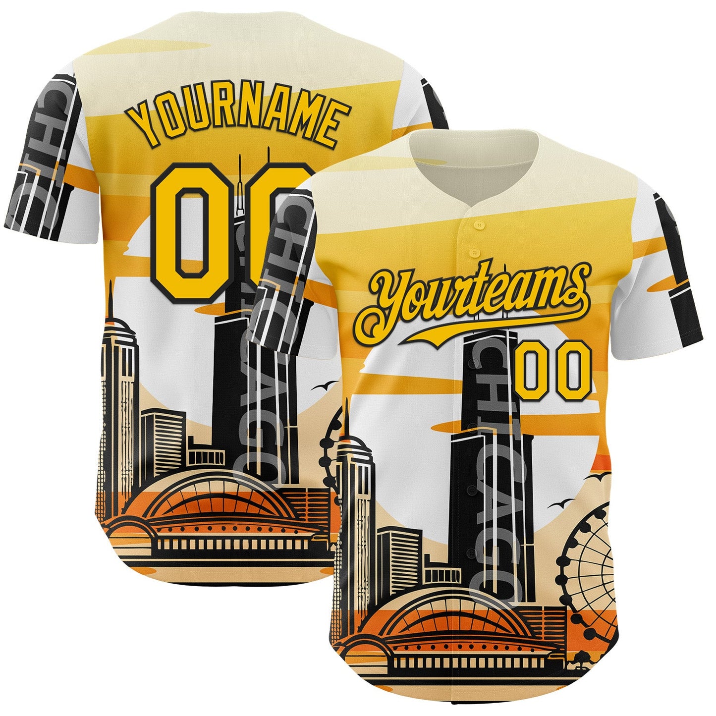 Custom Yellow Black-White Chicago Illinois Cityscape Landmark City Symbol Authentic Baseball Jersey - Main View