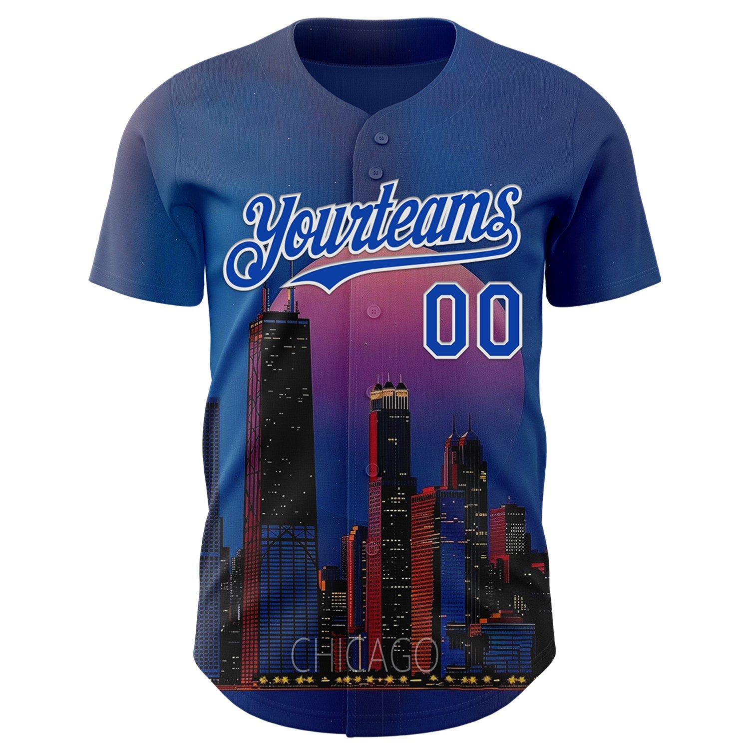 Custom Blue Thunder Blue-White Chicago Illinois Nightscape Landmark City Symbol Authentic Baseball Jersey view 2
