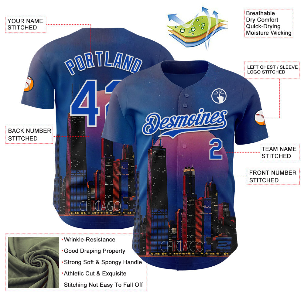 Custom Blue Thunder Blue-White Chicago Illinois Nightscape Landmark City Symbol Authentic Baseball Jersey view 3