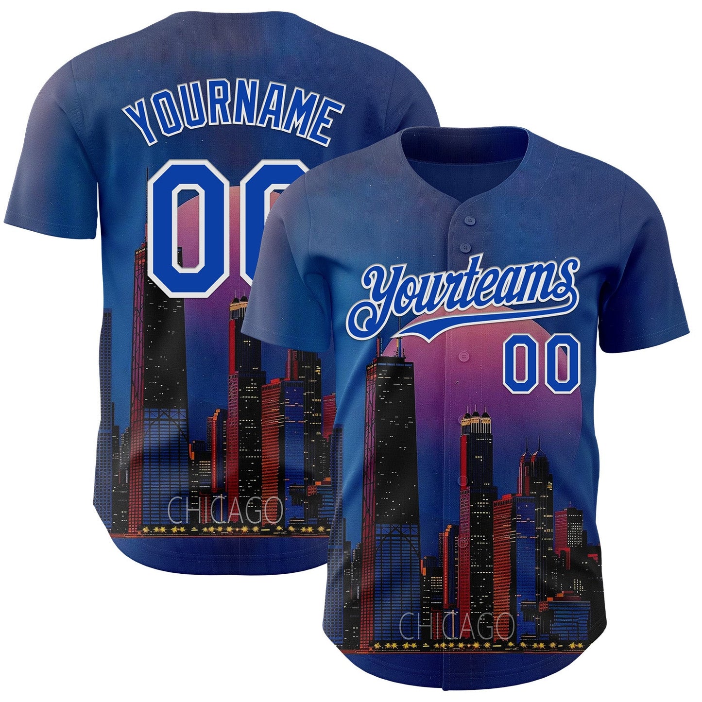 Custom Blue Thunder Blue-White Chicago Illinois Nightscape Landmark City Symbol Authentic Baseball Jersey - Main View
