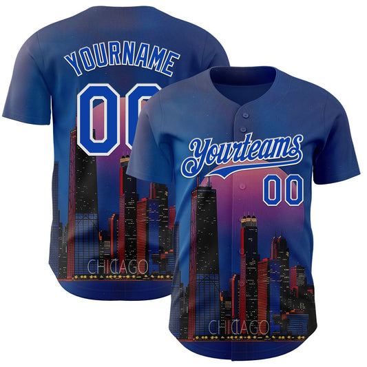Custom Blue Thunder Blue-White Chicago Illinois Nightscape Landmark City Symbol Authentic Baseball Jersey - Main View